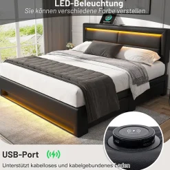 Lit Double 140x200 cm - Lit Capitonné PU avec Rangement et Ports USB - Éclairage LED Télécommandé - Noir - Sans Matelas