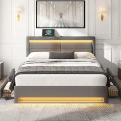 Lit Double 160x200 cm - Lit Capitonné PU avec Rangement et Ports USB - Éclairage LED Télécommandé - Gris - Sans Matelas