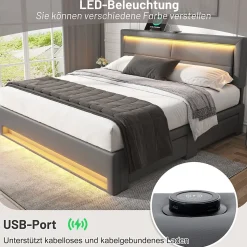 Lit Double 160x200 cm - Lit Capitonné PU avec Rangement et Ports USB - Éclairage LED Télécommandé - Gris - Sans Matelas