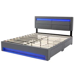 Lit Double 160x200 cm - Lit Capitonné PU avec Rangement et Ports USB - Éclairage LED Télécommandé - Gris - Sans Matelas