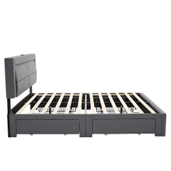 Lit Double 160x200 cm - Lit Capitonné PU avec Rangement et Ports USB - Éclairage LED Télécommandé - Gris - Sans Matelas