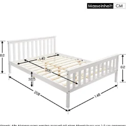 Lit double 140x200 cm - Lit classique avec sommier à lattes - Pin et MDF - Sans matelas - Blanc