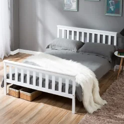 Lit double 140x200 cm - Lit classique avec sommier à lattes - Pin et MDF - Sans matelas - Blanc