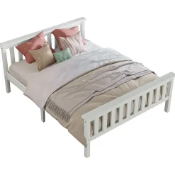 Lit double 140x200 cm - Lit classique avec sommier à lattes - Pin et MDF - Sans matelas - Blanc