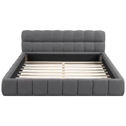 Lit double 140x190 cm - Lit classique avec dossier moelleux - Lin - Sans Matelas - Gris
