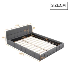 Lit double 140x190 cm - Lit classique avec dossier moelleux - Lin - Sans Matelas - Gris