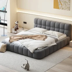 Lit double 140x190 cm - Lit classique avec dossier moelleux - Lin - Sans Matelas - Gris