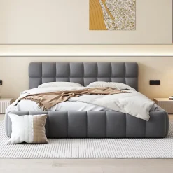 Lit double 140x190 cm - Lit classique avec dossier moelleux - Lin - Sans Matelas - Gris