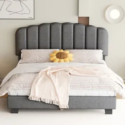 Lit Double 140x200 cm - Lit Classique avec Tête de Lit Réglable - Lin + MDF - Sans Matelas - Gris