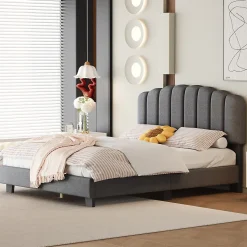 Lit Double 140x200 cm - Lit Classique avec Tête de Lit Réglable - Lin + MDF - Sans Matelas - Gris