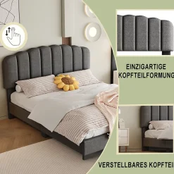 Lit Double 140x200 cm - Lit Classique avec Tête de Lit Réglable - Lin + MDF - Sans Matelas - Gris