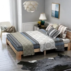 Lit Double 140x200 cm - Lit Double en Bois Massif avec Sommier Inclus, Style Minimaliste, Pin Naturel