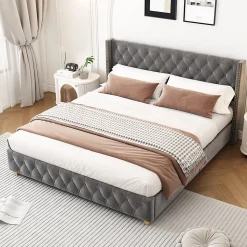 Lit Double 160x200 cm - Lit Double Rembourré avec Tête Boutonnée et Sommier - Velours - Sans Matelas - Gris