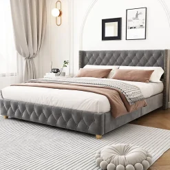Lit Double 160x200 cm - Lit Double Rembourré avec Tête Boutonnée et Sommier - Velours - Sans Matelas - Gris