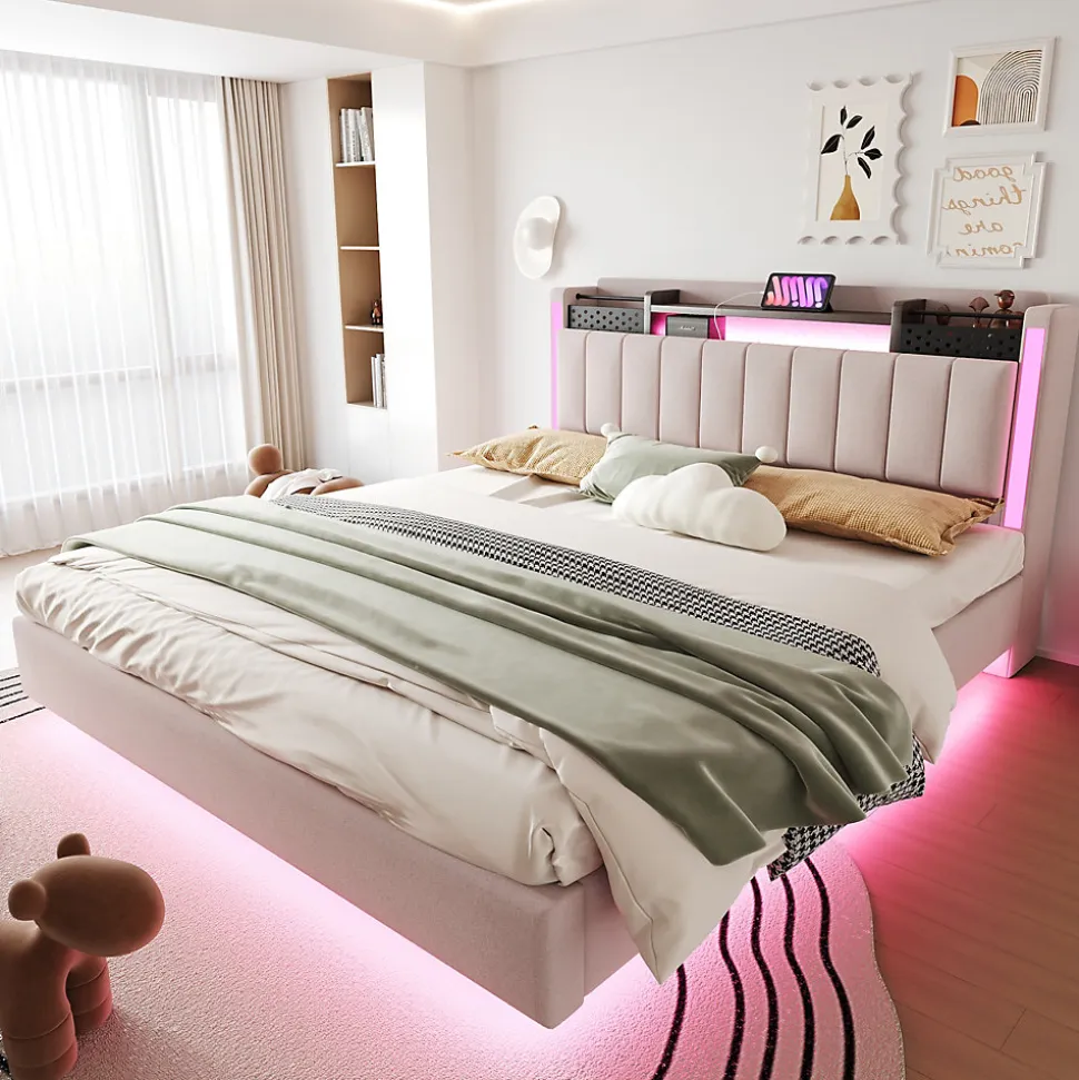 Lit Double 160x200 cm - Lit Double avec Rangement et USB, LED Intégrée, Lin Beige, Sans Matelas