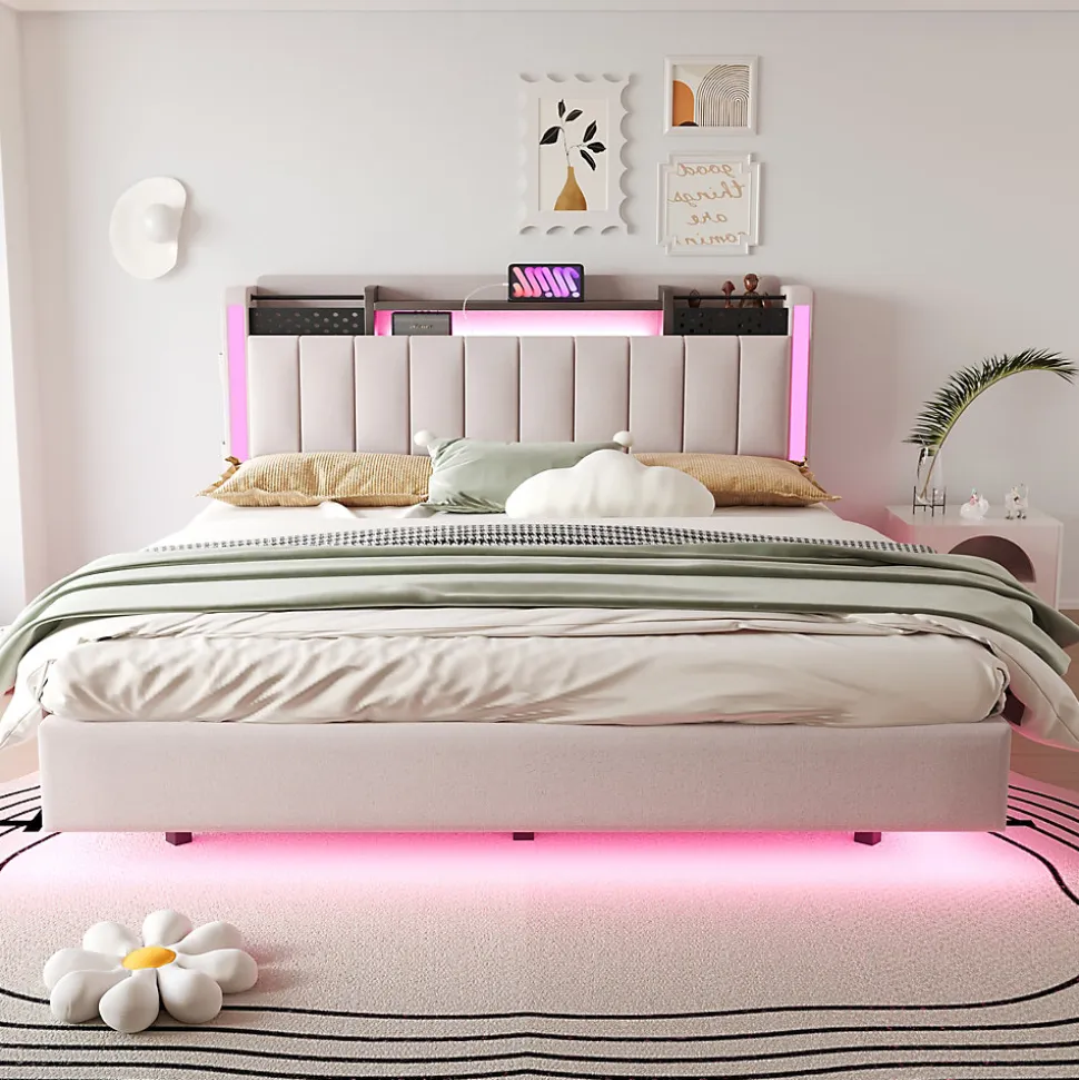 Lit Double 160x200 cm - Lit Double avec Rangement et USB, LED Intégrée, Lin Beige, Sans Matelas