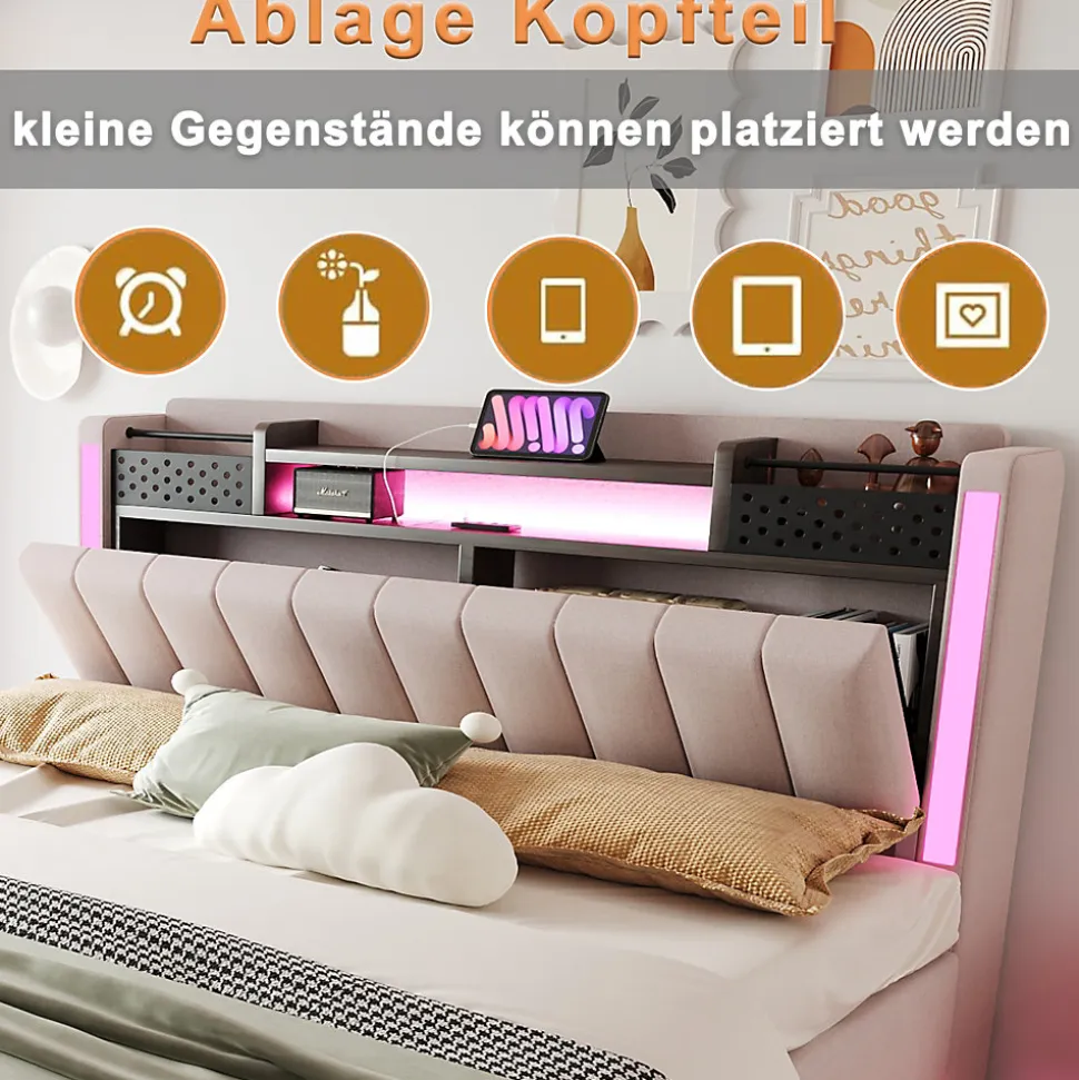 Lit Double 160x200 cm - Lit Double avec Rangement et USB, LED Intégrée, Lin Beige, Sans Matelas
