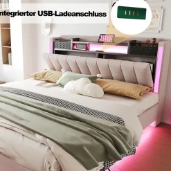 Lit Double 160x200 cm - Lit Double avec Rangement et USB, LED Intégrée, Lin Beige, Sans Matelas