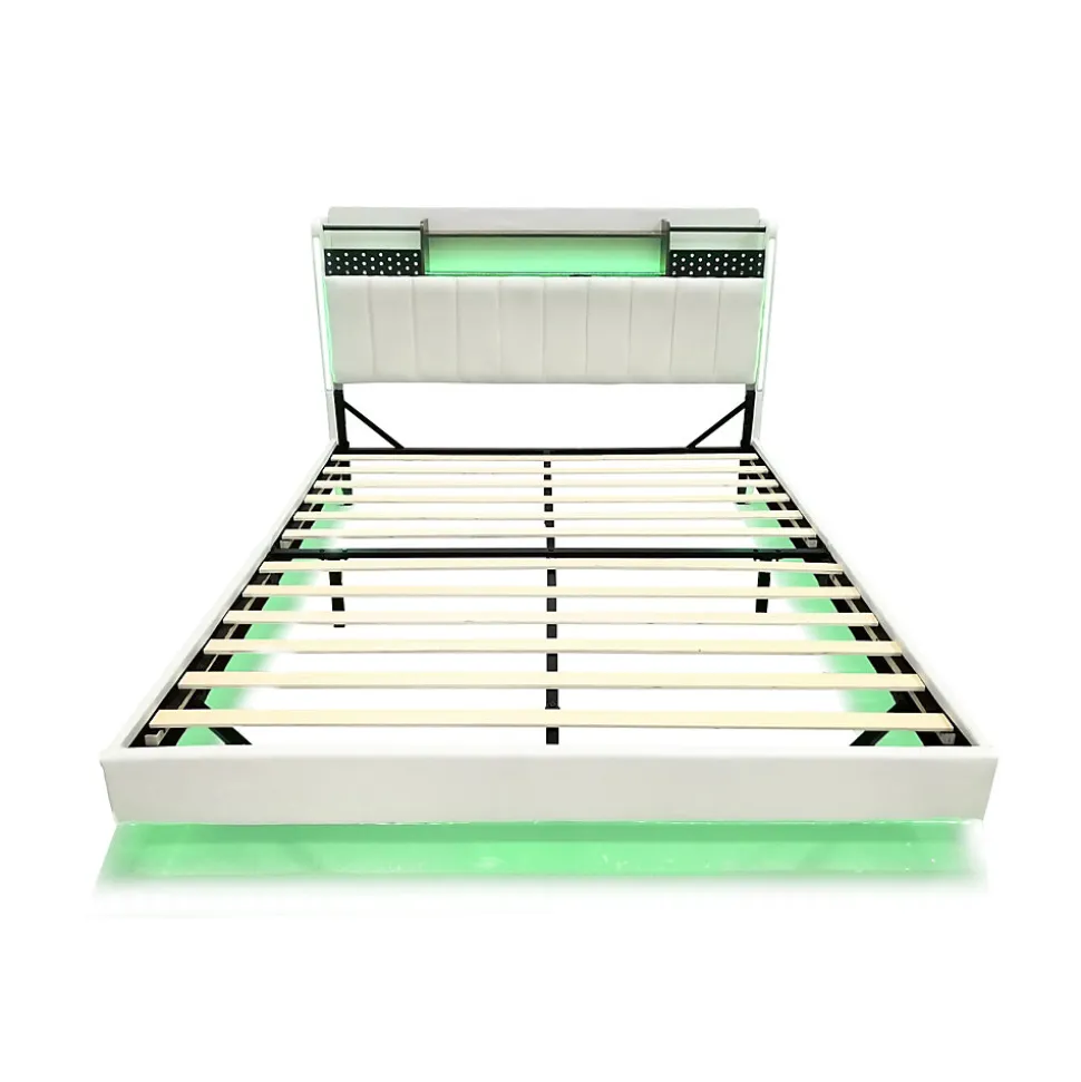 Lit Double 160x200 cm - Lit Double avec Rangement et USB, LED Intégrée, Lin Beige, Sans Matelas