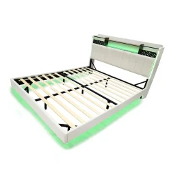 Lit Double 160x200 cm - Lit Double avec Rangement et USB, LED Intégrée, Lin Beige, Sans Matelas