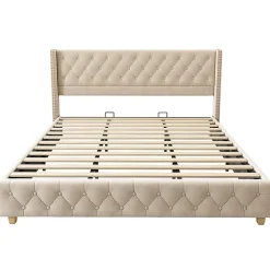 Lit Double 180x200 cm - Lit Double Rembourré avec Tête de Lit Capitonnée - Velours - Sans Matelas - Beige