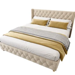 Lit Double 180x200 cm - Lit Double Rembourré avec Tête de Lit Capitonnée - Velours - Sans Matelas - Beige