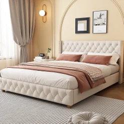 Lit Double 140x190 cm - Lit Double Rembourré avec Tête Capitonnée et Sommier à Lattes - Lin - Sans Matelas - Beige