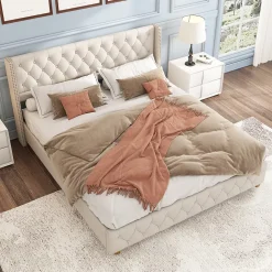 Lit Double 140x190 cm - Lit Double Rembourré avec Tête Capitonnée et Sommier à Lattes - Lin - Sans Matelas - Beige