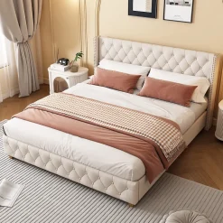 Lit Double 140x190 cm - Lit Double Rembourré avec Tête Capitonnée et Sommier à Lattes - Lin - Sans Matelas - Beige