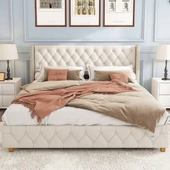 Lit Double 140x190 cm - Lit Double Rembourré avec Tête Capitonnée et Sommier à Lattes - Lin - Sans Matelas - Beige