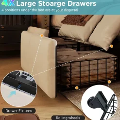 Lit double 140x200 cm - Lit double capitonné avec 4 Tiroirs, LED et USB-C, Rangement sous Matelas, Velours Beige, Matelas Inclus