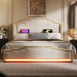 Lit double 140x200 cm - Lit double capitonné avec 4 Tiroirs, LED et USB-C, Rangement sous Matelas, Velours Beige, Matelas Inclus