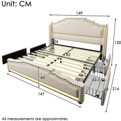 Lit double 140x200 cm - Lit double capitonné avec 4 Tiroirs, LED et USB-C, Rangement sous Matelas, Velours Beige, Matelas Inclus