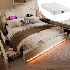 Lit double 140x200 cm - Lit double capitonné avec 4 Tiroirs, LED et USB-C, Rangement sous Matelas, Velours Beige, Matelas Inclus