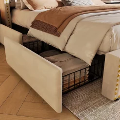 Lit double 140x200 cm - Lit double capitonné avec 4 Tiroirs, LED et USB-C, Rangement sous Matelas, Velours Beige, Matelas Inclus