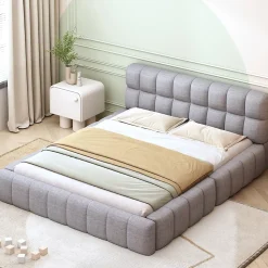 Lit Double 140x200 cm - Lit Double Ado Capitonné avec Tête de Lit et Sommier Inclus - Cadre en Lin Moderne - Sans Matelas - Gris