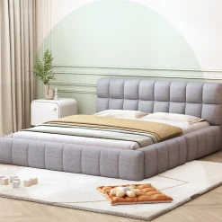 Lit Double 140x200 cm - Lit Double Ado Capitonné avec Tête de Lit et Sommier Inclus - Cadre en Lin Moderne - Sans Matelas - Gris