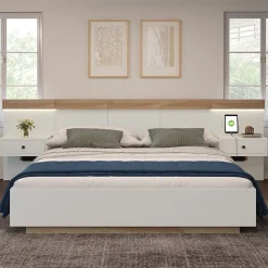 Lit double 140x200 cm - Lit en bois avec 2 tables de chevet et USB - Bois massif - Sans Matelas - Naturel