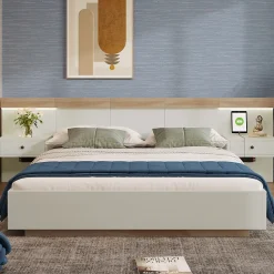 Lit double 160x200 cm - Lit en bois avec 2 tables de chevet et USB - Bois massif - Sans Matelas - Naturel