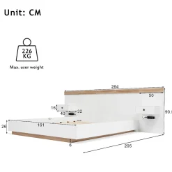 Lit double 160x200 cm - Lit en bois avec 2 tables de chevet et USB - Bois massif - Sans Matelas - Naturel