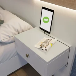 Lit double 180x200 cm - Lit en bois avec 2 tables de chevet et USB - Bois massif - Sans Matelas - Naturel