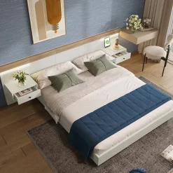 Lit double 180x200 cm - Lit en bois avec 2 tables de chevet et USB - Bois massif - Sans Matelas - Naturel