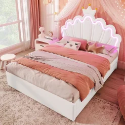 Lit double 140x200 cm - Lit enfant avec 2 rangements - PU + MDF - Sans matelas - Blanc