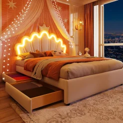 Lit double 140x200 cm - Lit enfant avec 2 rangements - PU + MDF - Sans matelas - Blanc