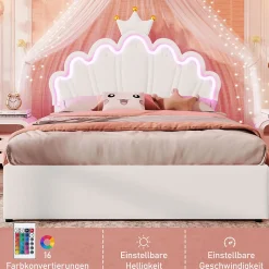 Lit double 140x200 cm - Lit enfant avec 2 rangements - PU + MDF - Sans matelas - Blanc