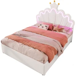 Lit double 140x200 cm - Lit enfant avec 2 rangements - PU + MDF - Sans matelas - Blanc