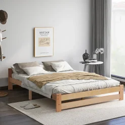 Lit Double 140x200 cm - Lit Futon Naturel en Bois Massif avec Tête de Lit - Lit Scandinave Minimaliste Adulte - Sans Matelas