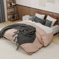 Lit Double 160x200 cm - Lit pour Adulte/Ado Moderne à Base Basse, Sans Tête de Lit, Sans Matelas, en Velours Hollandais Beige