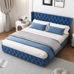 Lit Double 160x200 cm - Lit Rembourré avec Tête de Lit Capitonnée - Velours - Sans Matelas - Bleu