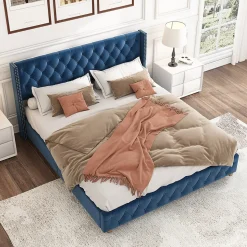 Lit Double 160x200 cm - Lit Rembourré avec Tête de Lit Capitonnée - Velours - Sans Matelas - Bleu